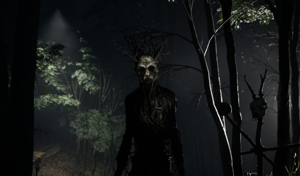 A haunting figure in a dark forest from A.I.L.A. game by Pulsatrix Studios