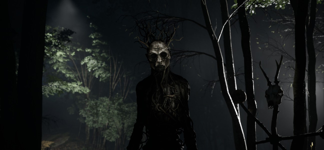 A haunting figure in a dark forest from A.I.L.A. game by Pulsatrix Studios