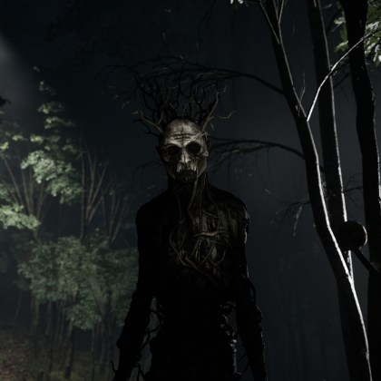 A haunting figure in a dark forest from A.I.L.A. game by Pulsatrix Studios