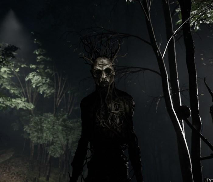 A haunting figure in a dark forest from A.I.L.A. game by Pulsatrix Studios