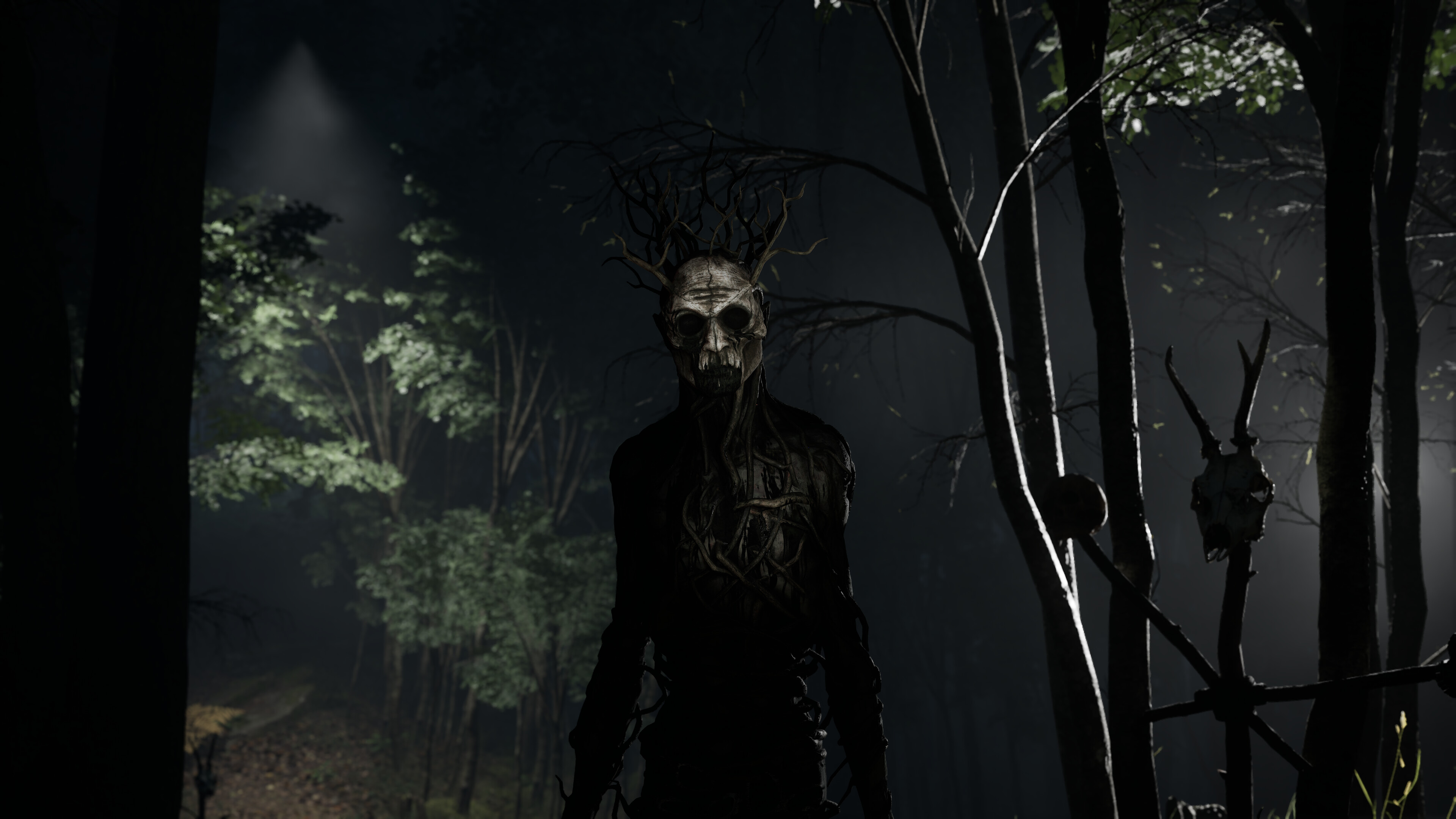 A haunting figure in a dark forest from A.I.L.A. game by Pulsatrix Studios