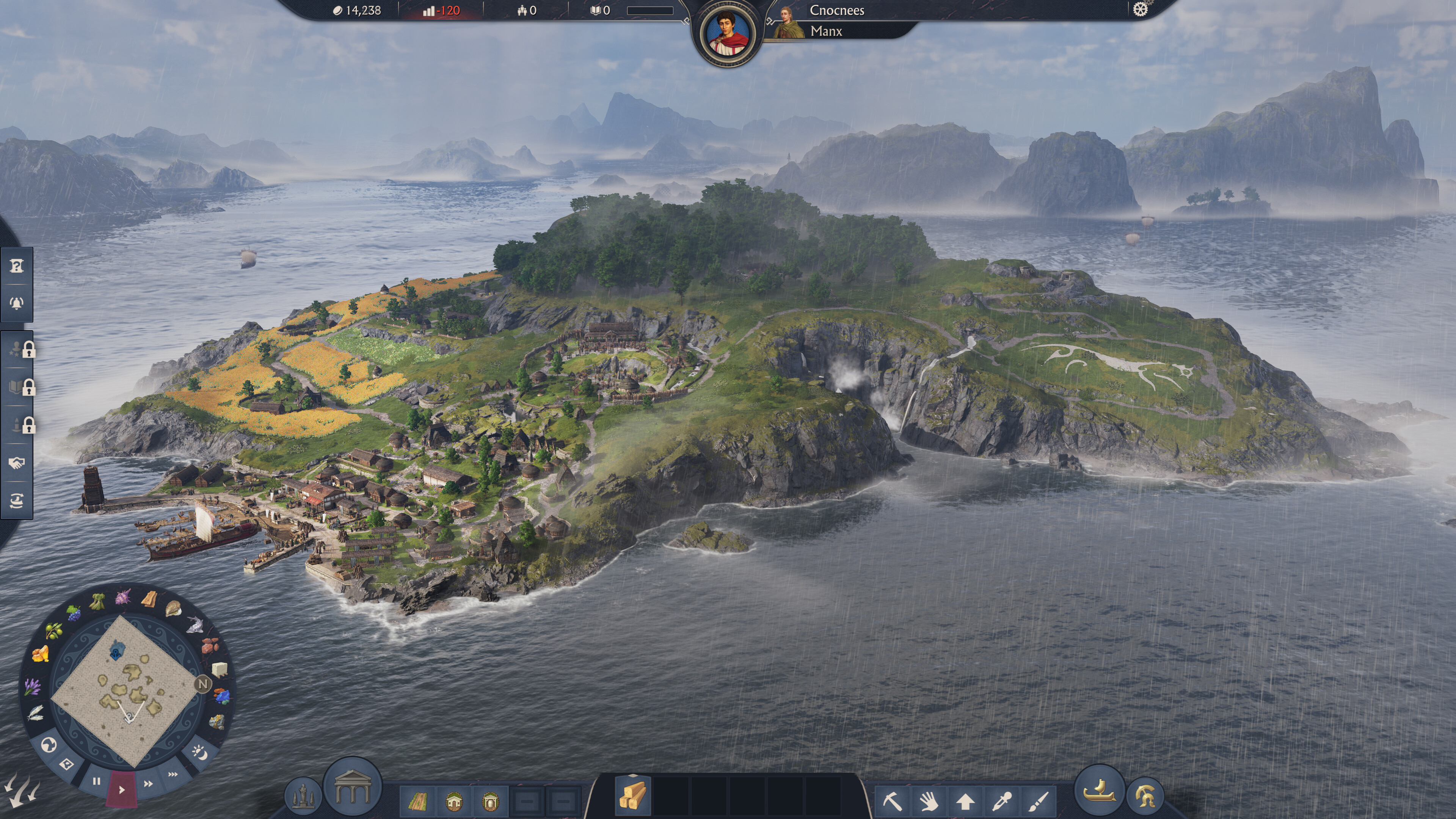 A stunning island landscape in Anno 117: Pax Romana showcasing city-building elements.