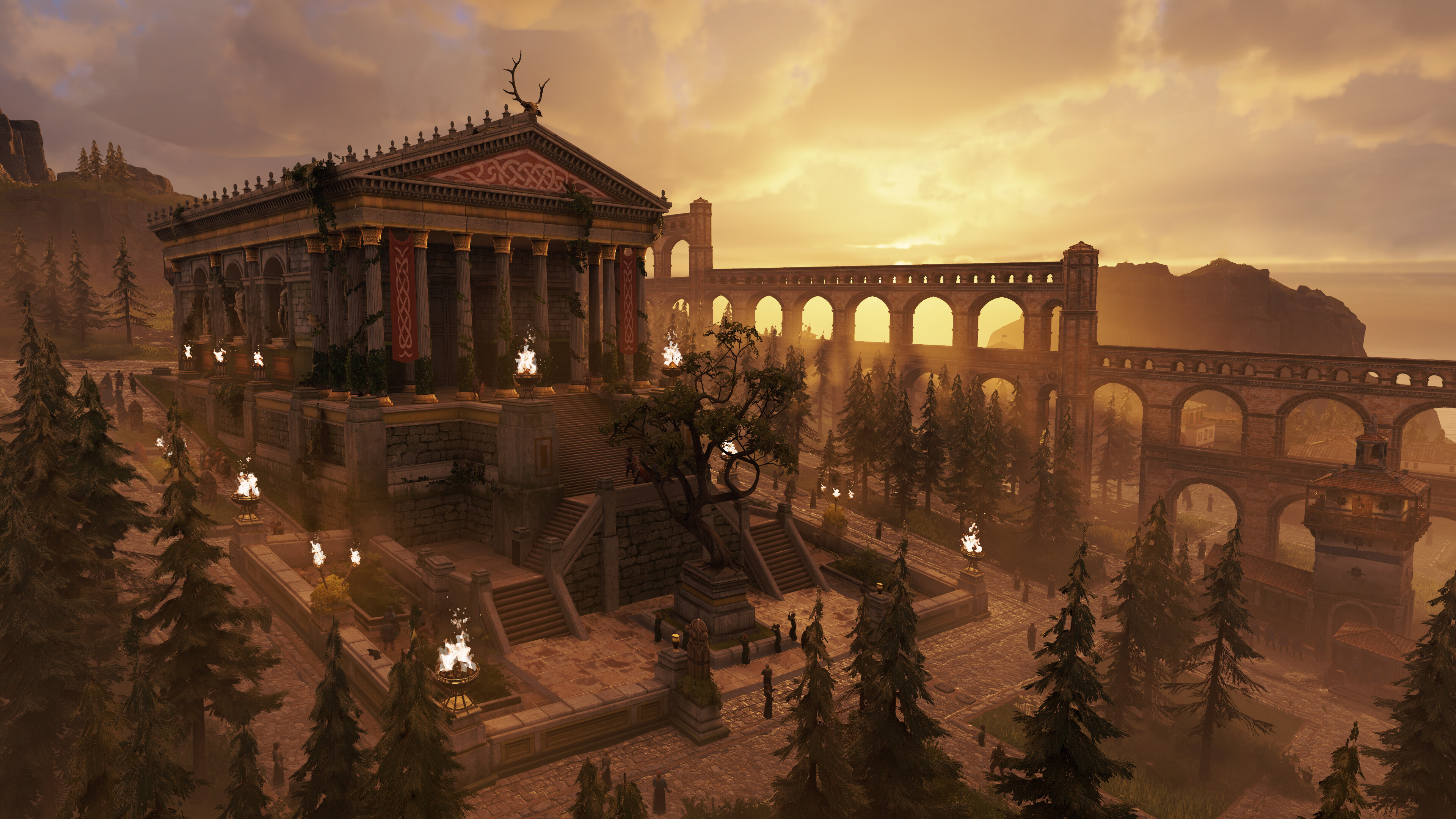 Stunning sunset view of a Roman temple in Anno 117: Pax Romana