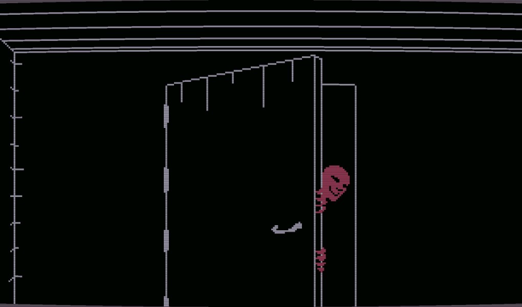 A spooky figure peeks through a door in a dark, atmospheric setting.