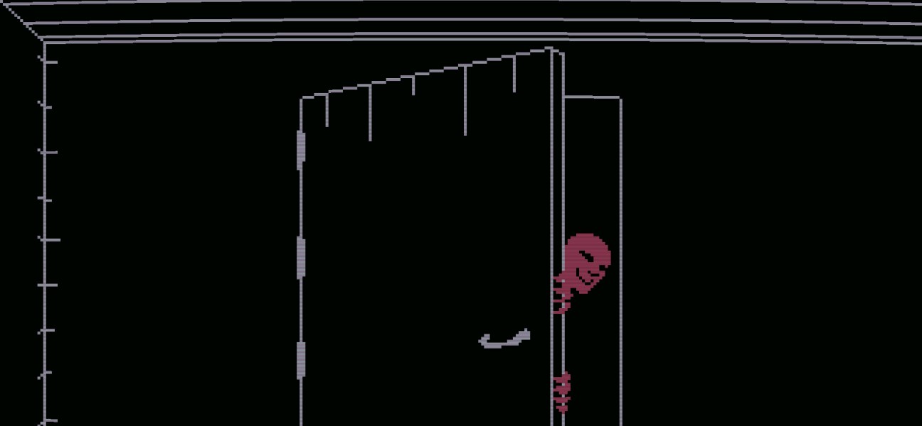 A spooky figure peeks through a door in a dark, atmospheric setting.