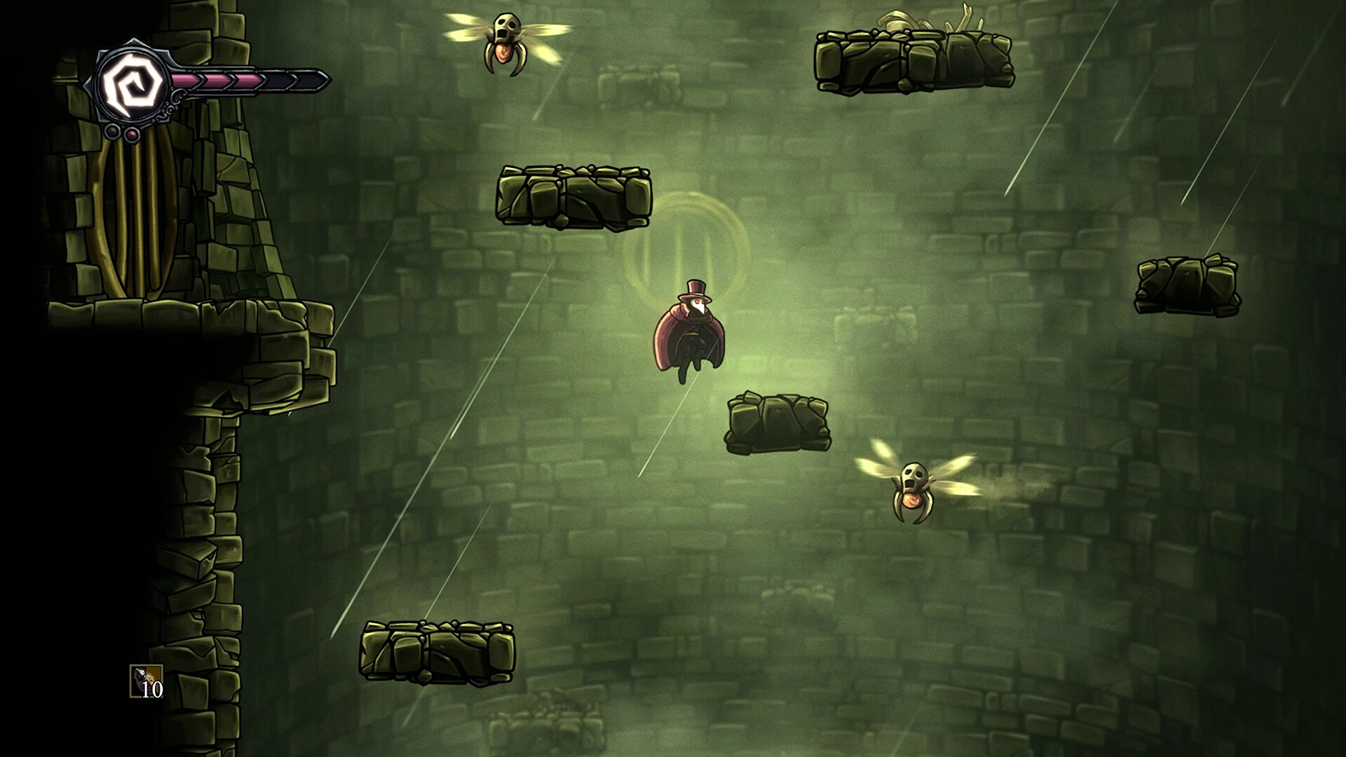 Character navigating platforms in a dark, atmospheric environment in Crowsworn