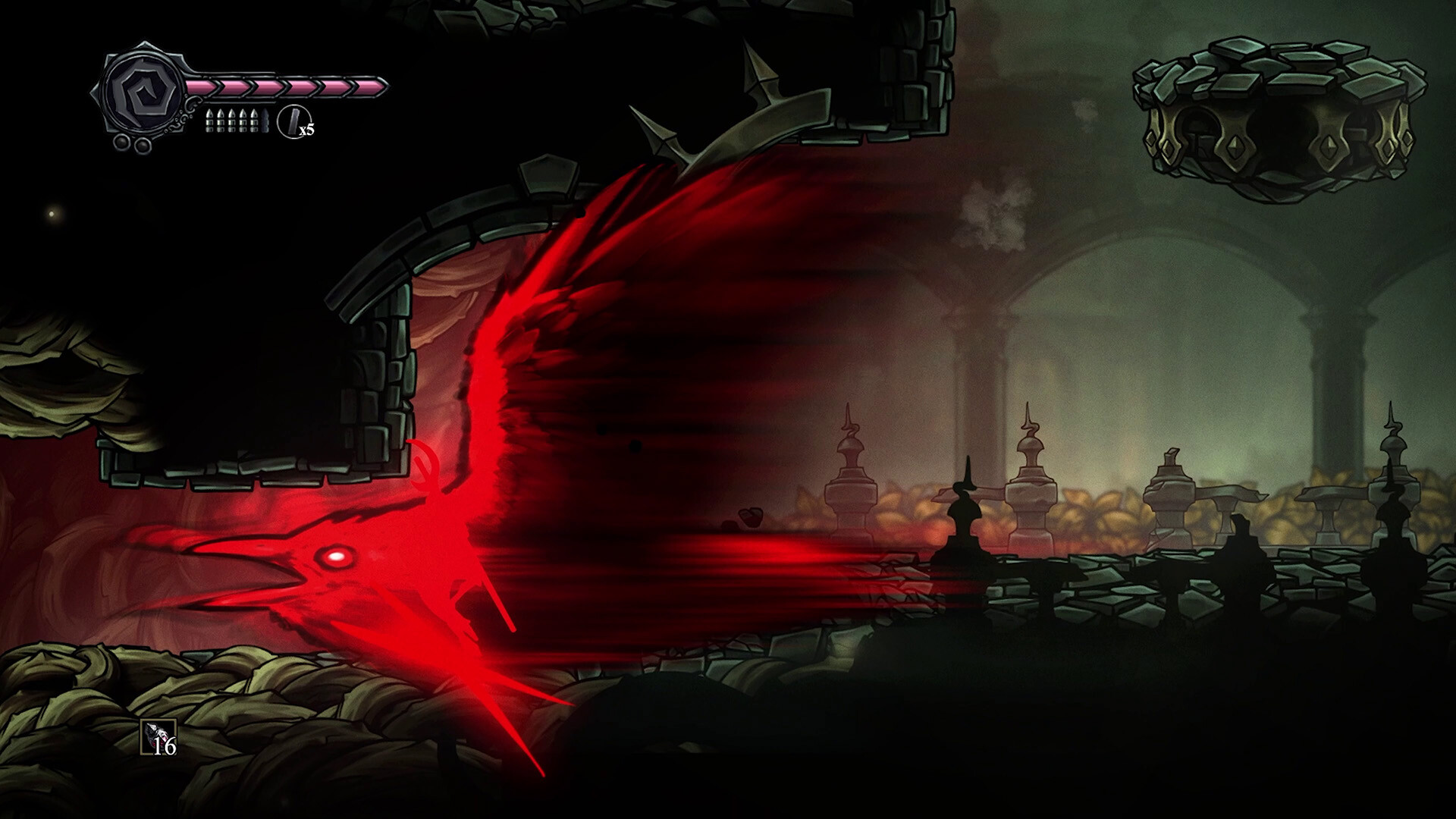 Crowsworn gameplay showcasing a dynamic red crow character in a dark fantasy setting