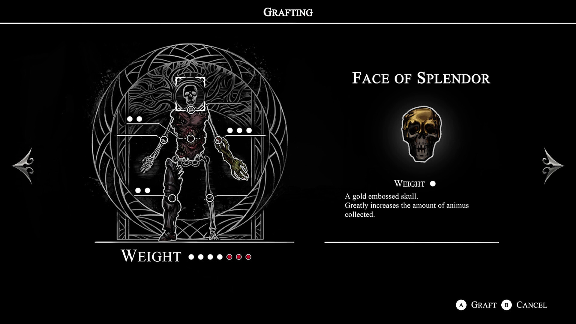 Crowsworn crafting interface showcasing the Face of Splendor item