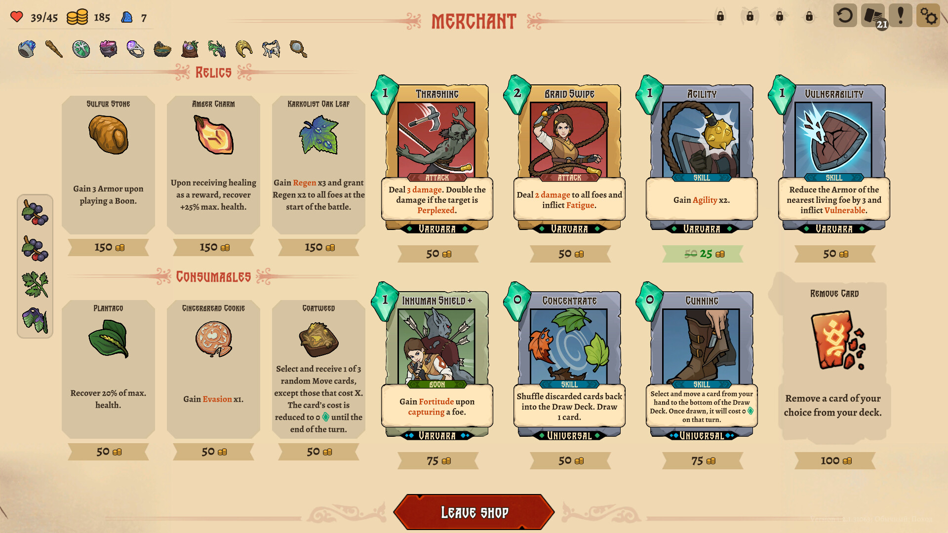 Merchant interface showcasing cards and relics in Deathless. The Hero Quest