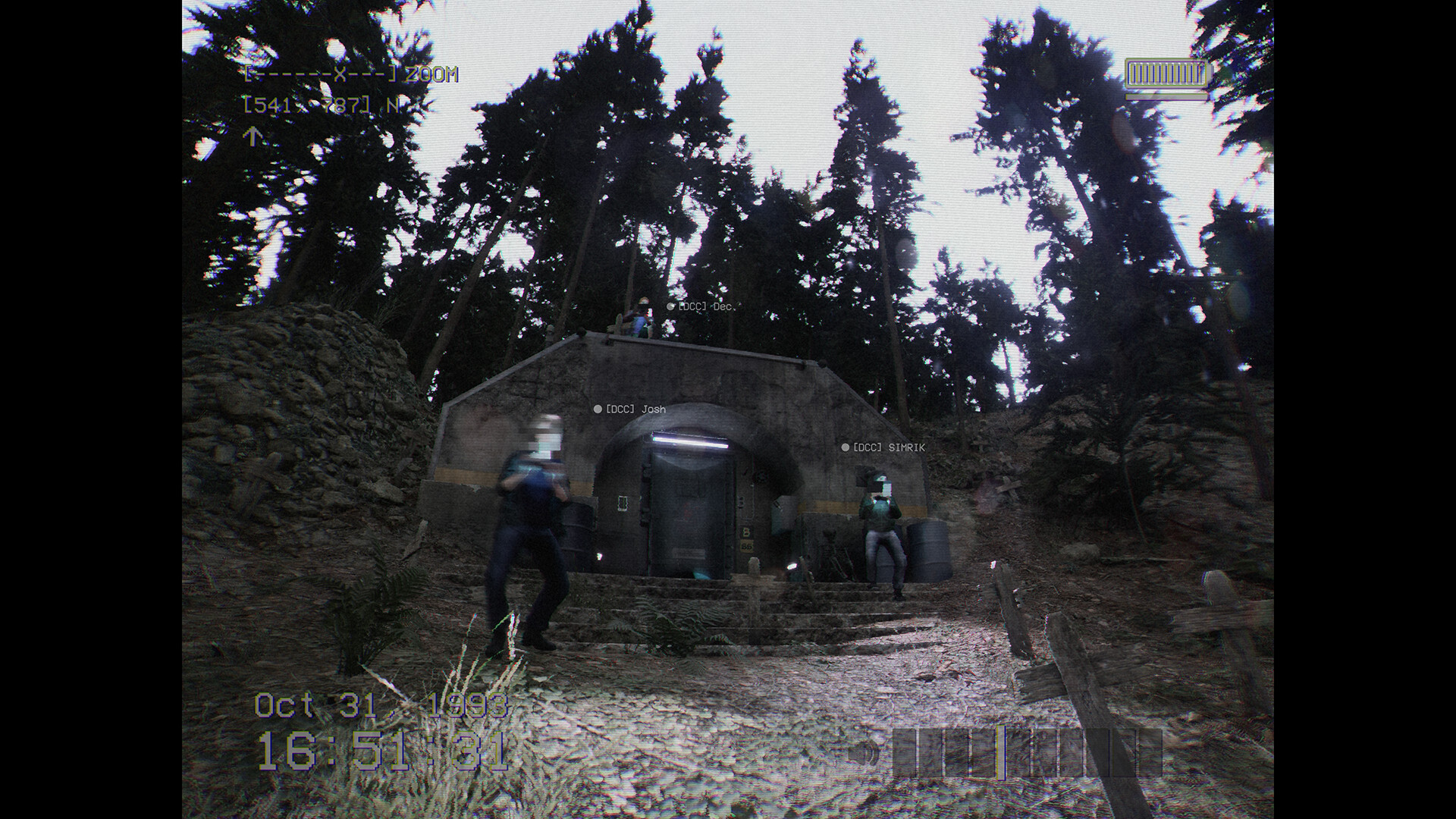 Players strategizing outside a mysterious forest bunker in DON'T SCREAM TOGETHER.