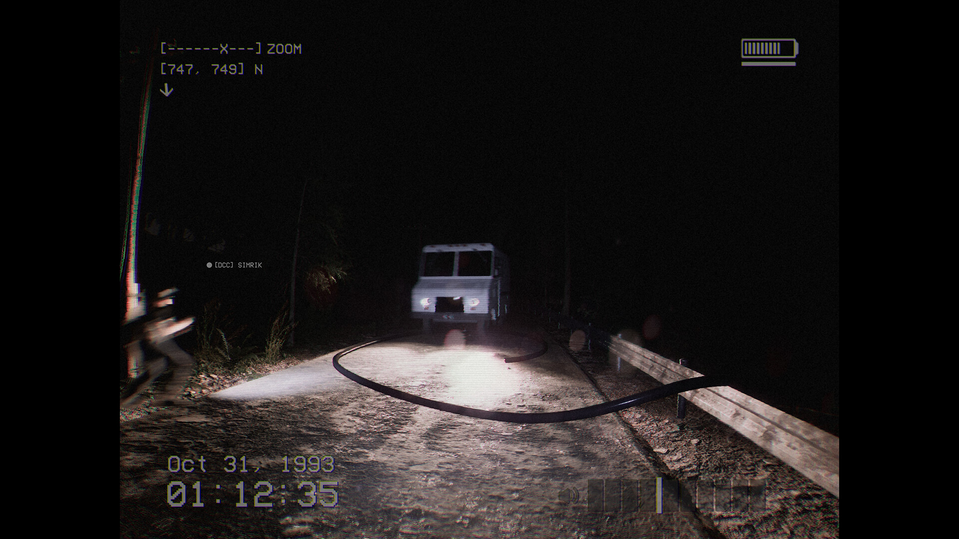 A dark forest road with a mysterious van and eerie lighting in DON'T SCREAM TOGETHER.