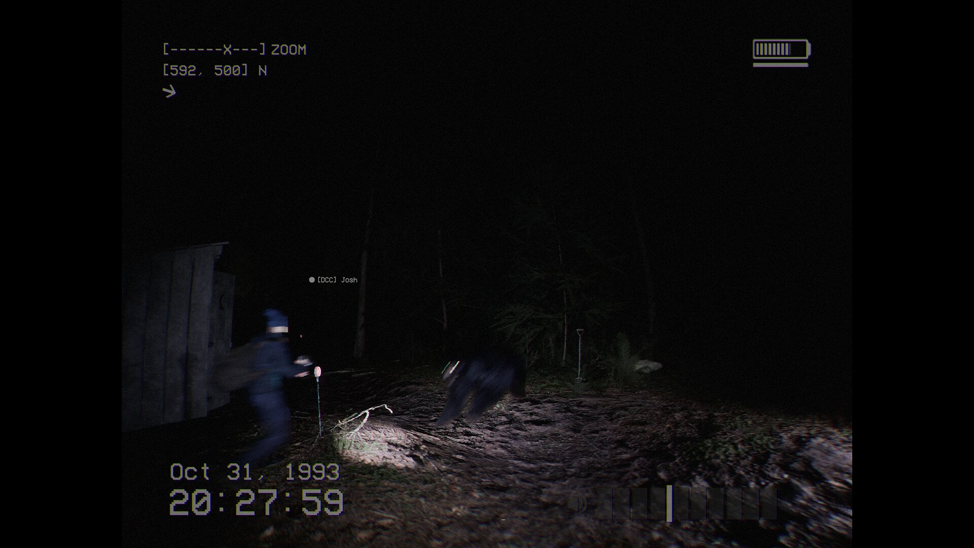 Two characters navigating a dark forest in DON'T SCREAM TOGETHER game.