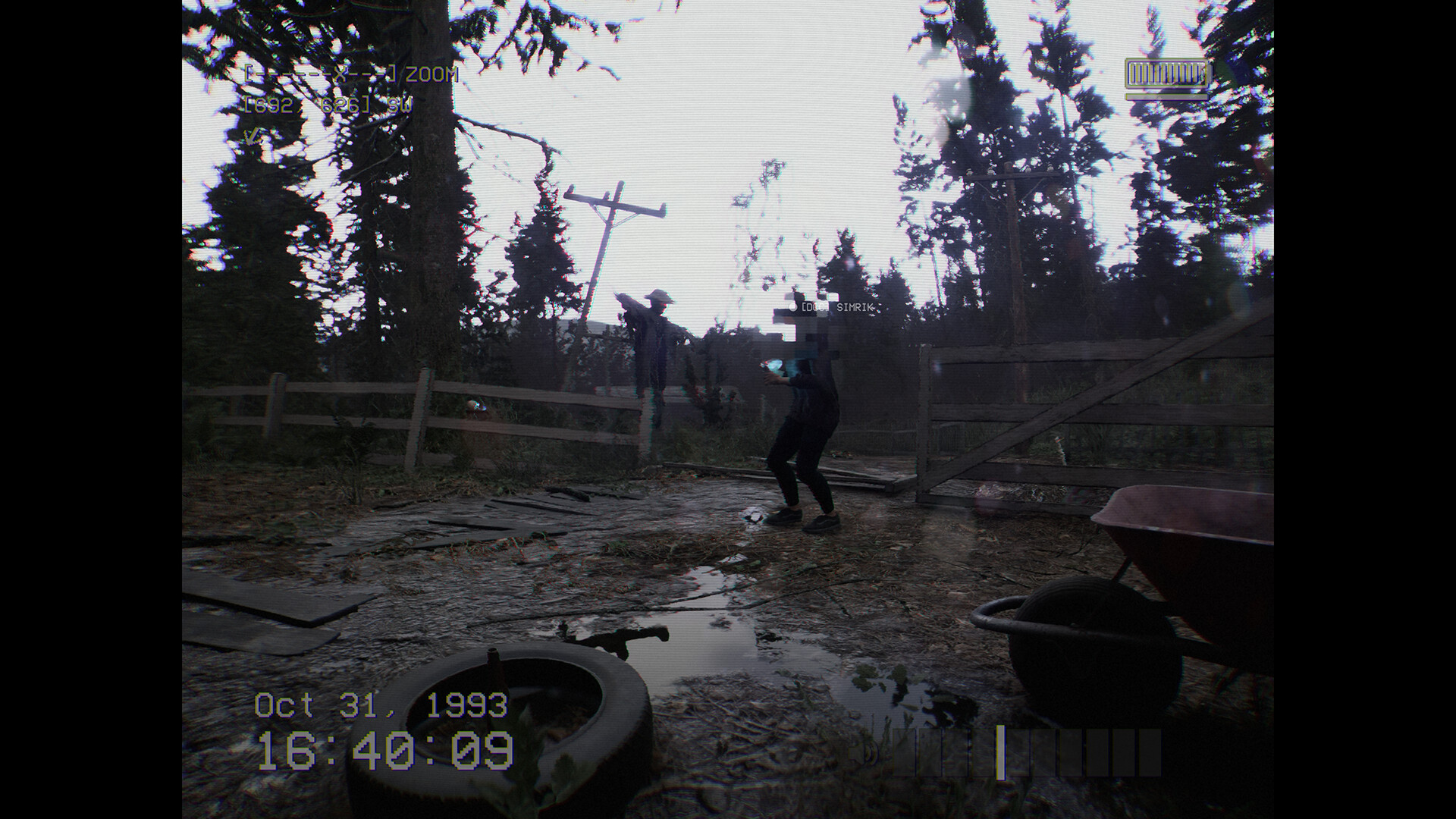 Cooperative horror gameplay in a dark forest setting with eerie visuals.