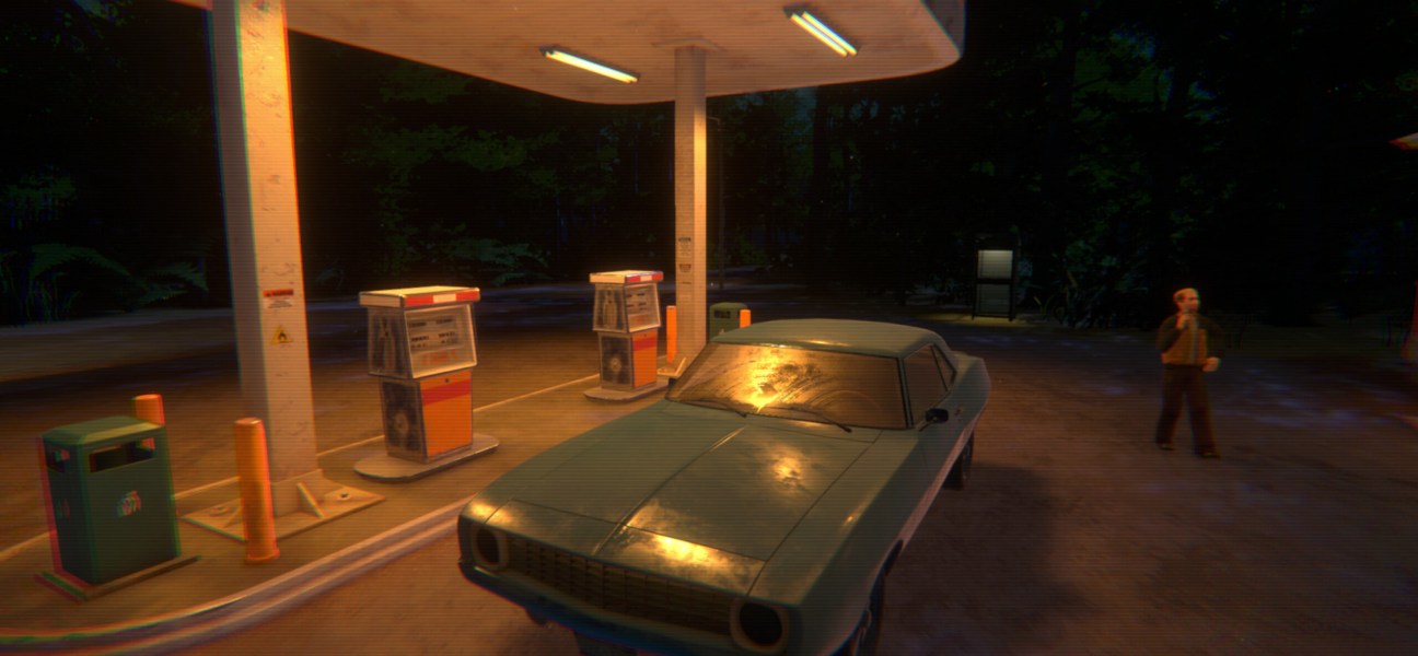 A gas station at night with a vintage car and a mysterious figure in the shadows.