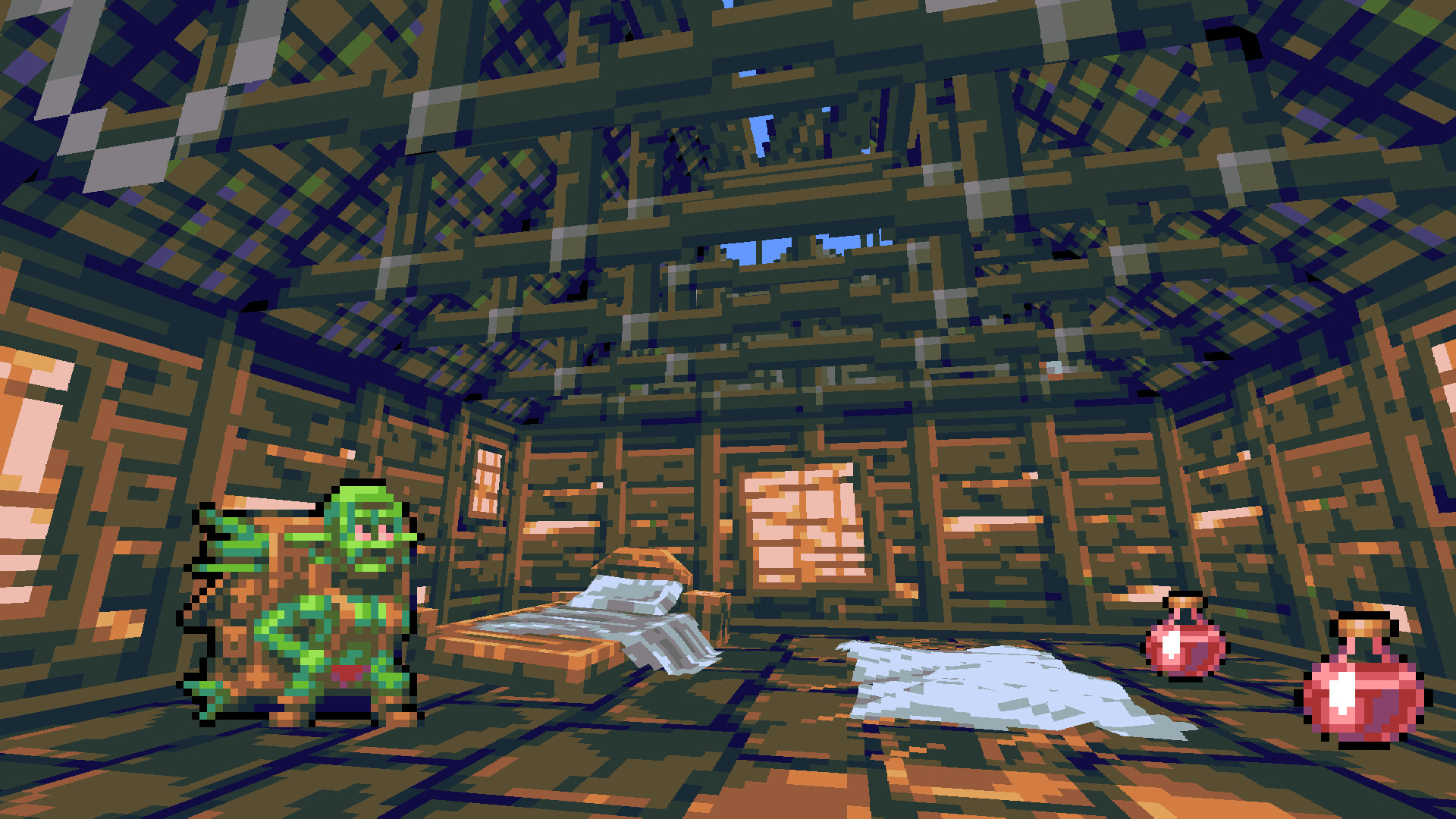 Goblin character in a rustic wooden room with potions and a bed