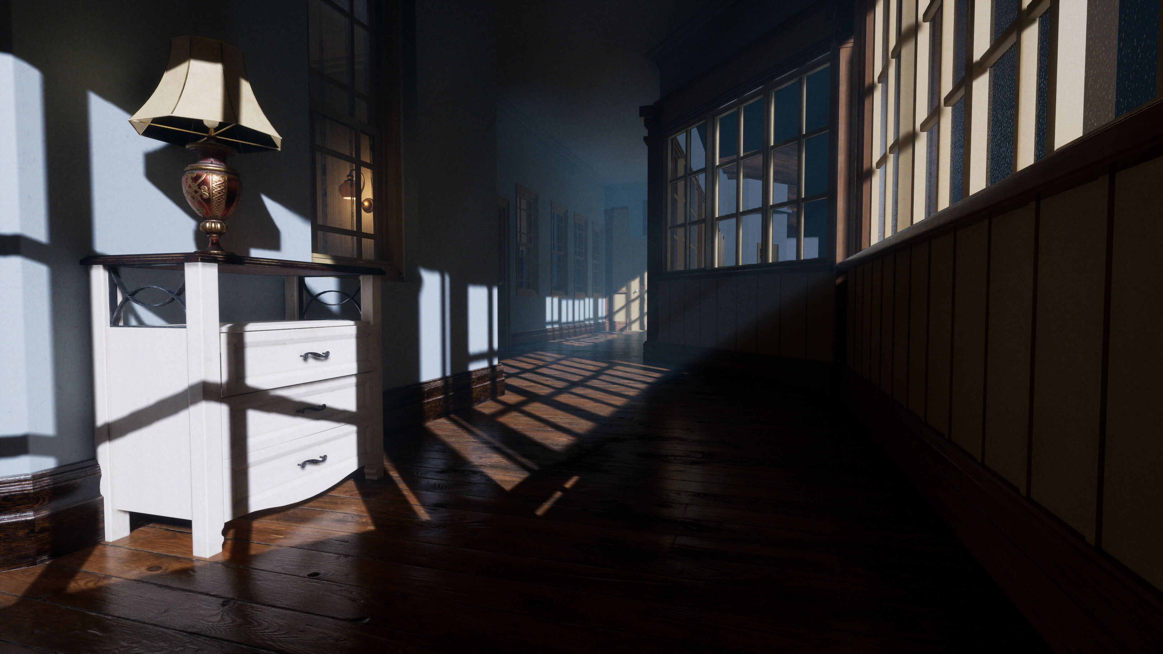 Spooky hallway with dramatic lighting in Junji Ito Maniac: An Infinite Gaol