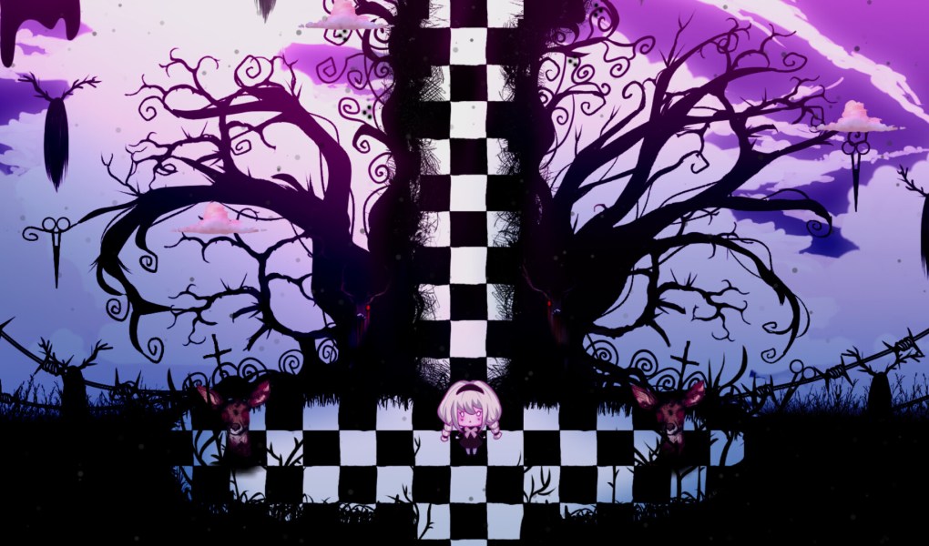A character stands in a surreal forest with dark trees and a checkered ground in Lost in the Woods.
