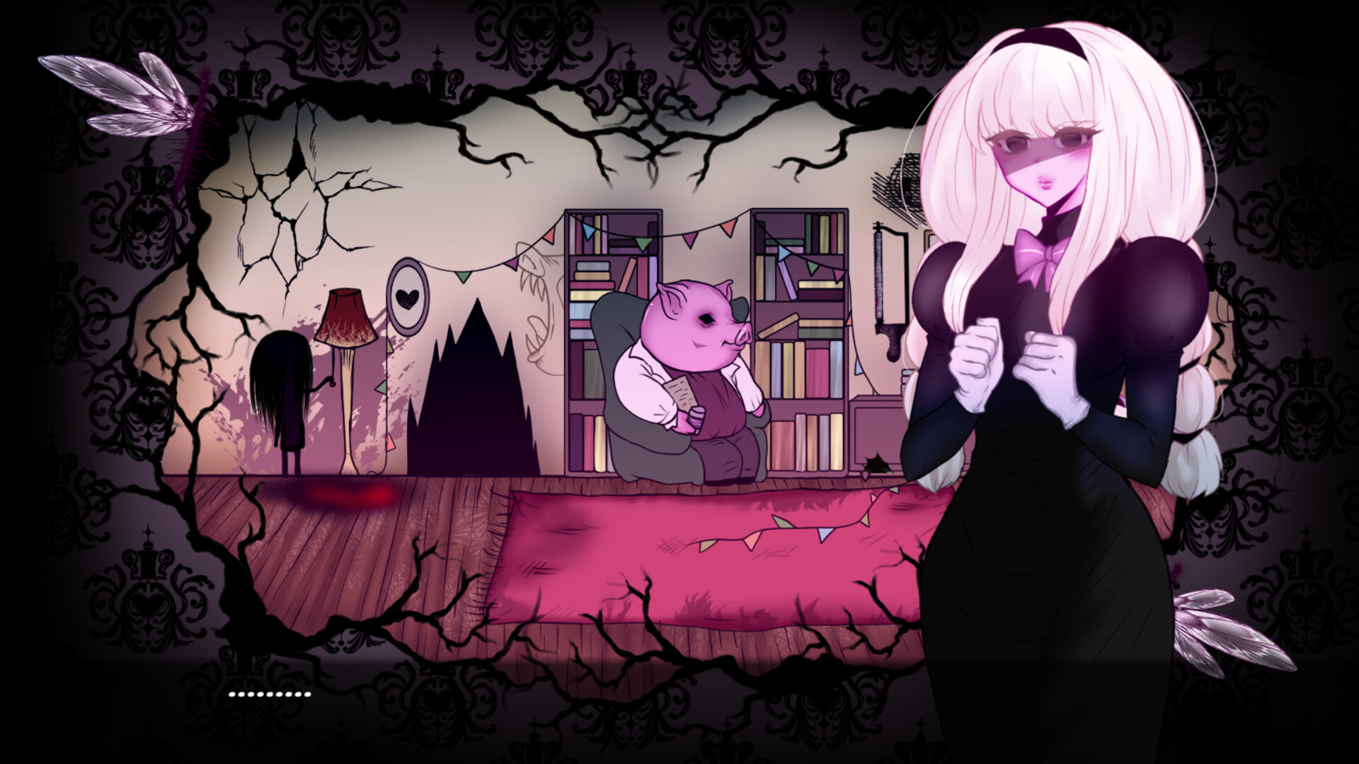 A character in a dark, atmospheric room with a pig figure and cracked walls in Lost in the Woods.