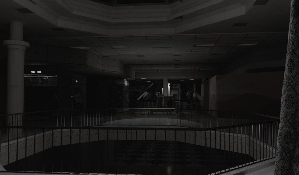 Dark, atmospheric interior of an abandoned 1980s shopping mall