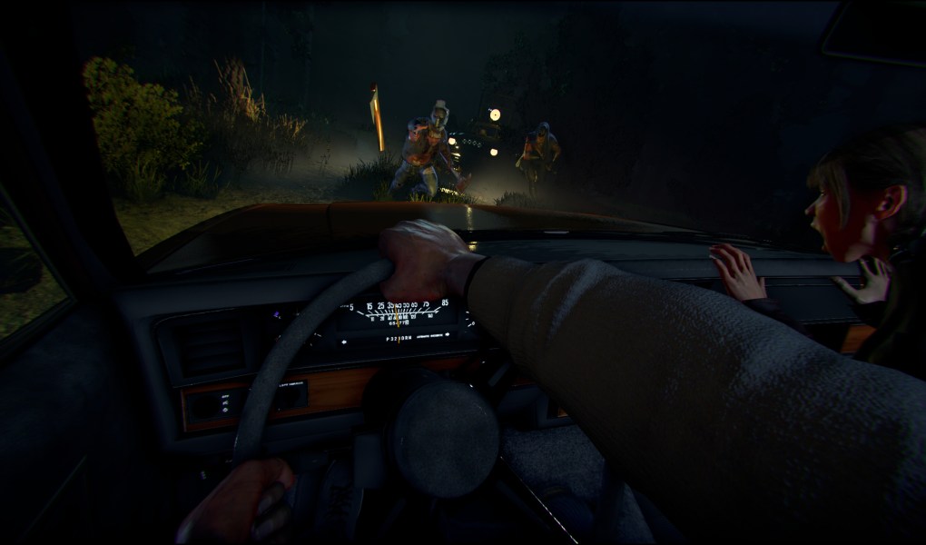 Intense gameplay scene from Night of the Slayers featuring a character in a car facing enemies.