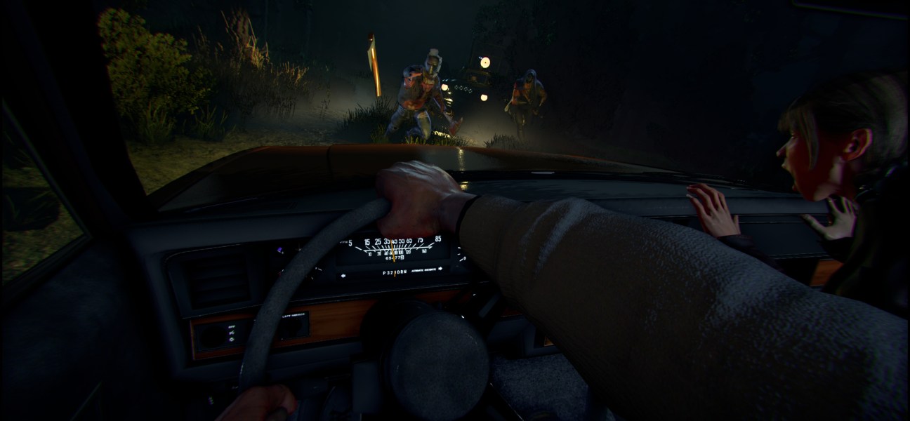 Intense gameplay scene from Night of the Slayers featuring a character in a car facing enemies.