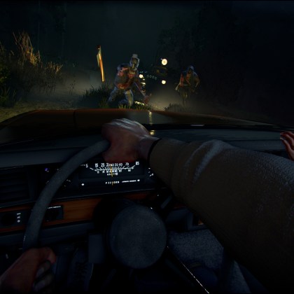 Intense gameplay scene from Night of the Slayers featuring a character in a car facing enemies.