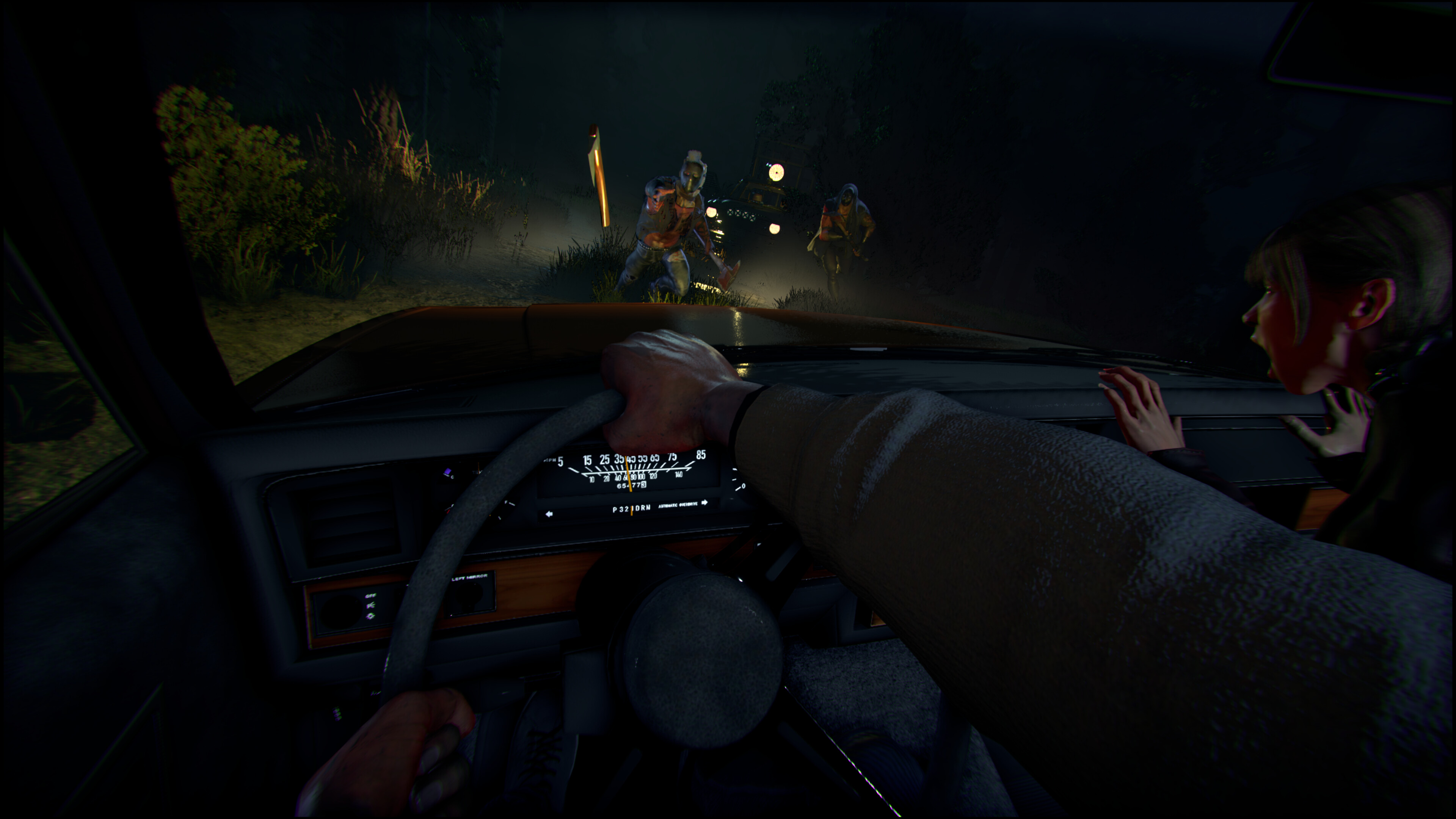 Intense gameplay scene from Night of the Slayers featuring a character in a car facing enemies.