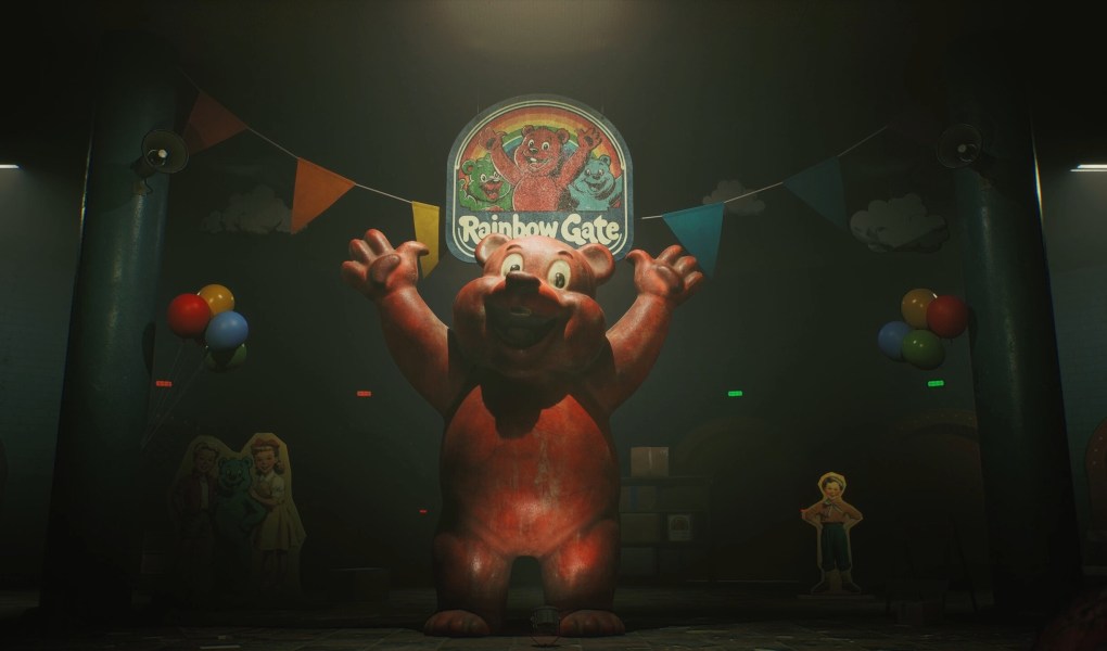 Creepy bear mascot in abandoned amusement park from Rainbow Gate game