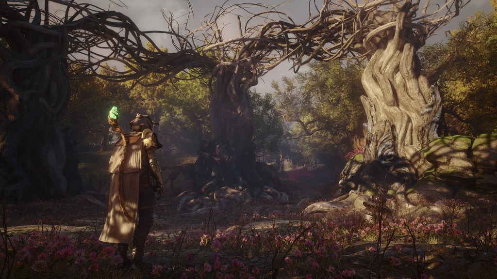 Character exploring a mystical forest in Soulframe with glowing artifact