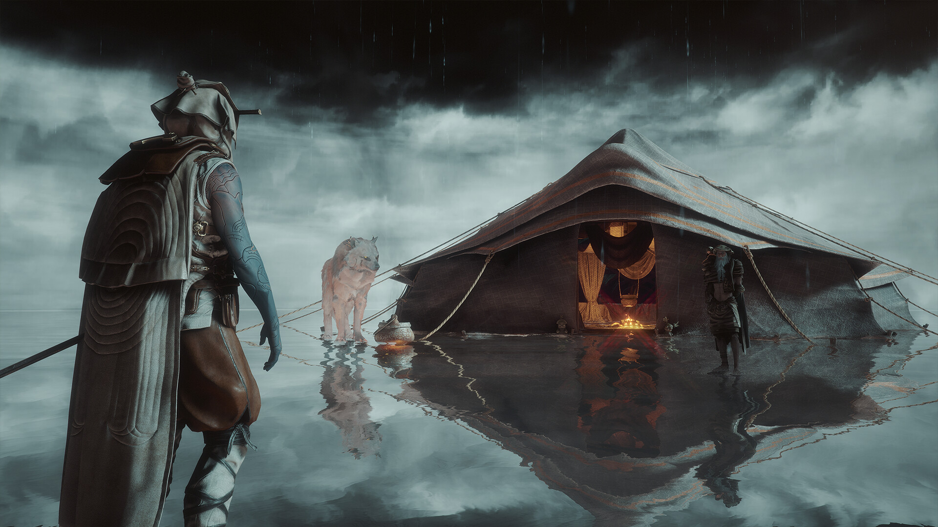 Fantasy scene from Soulframe featuring a character near a mystical tent