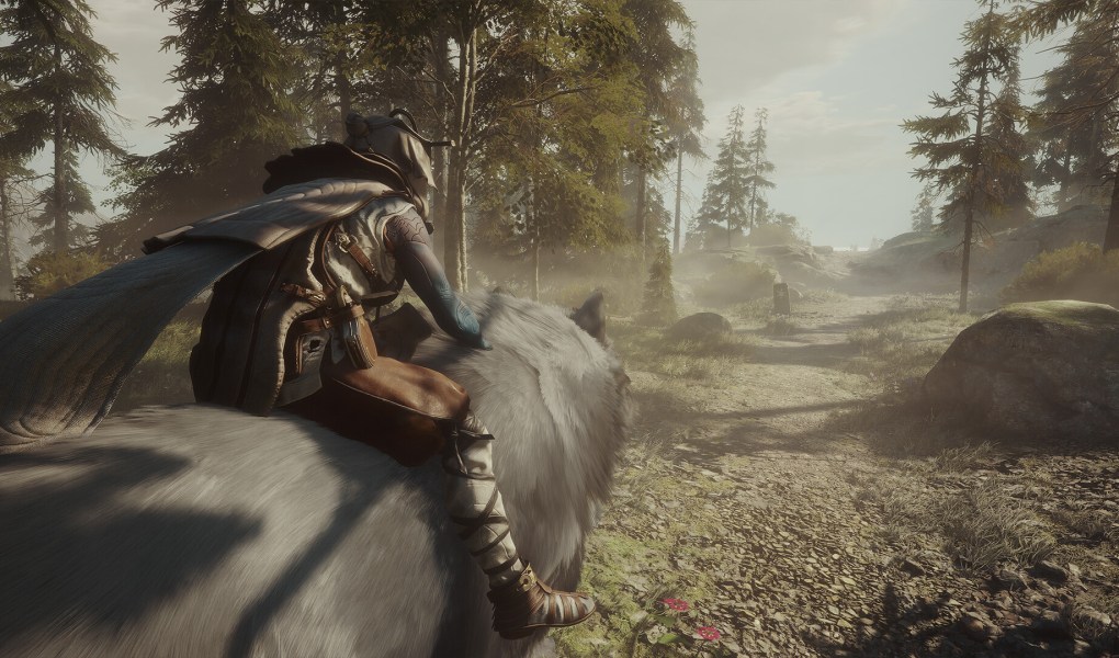 Character riding a wolf in a misty fantasy landscape in Soulframe