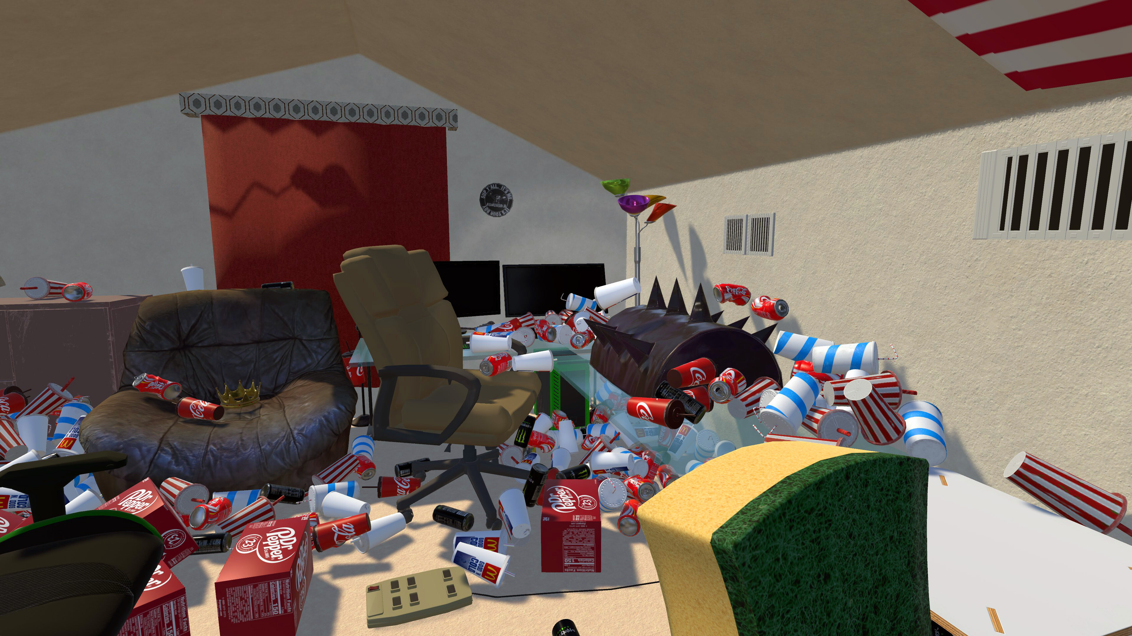 Chaotic room filled with trash in Streamers Cleaning Simulator gameplay