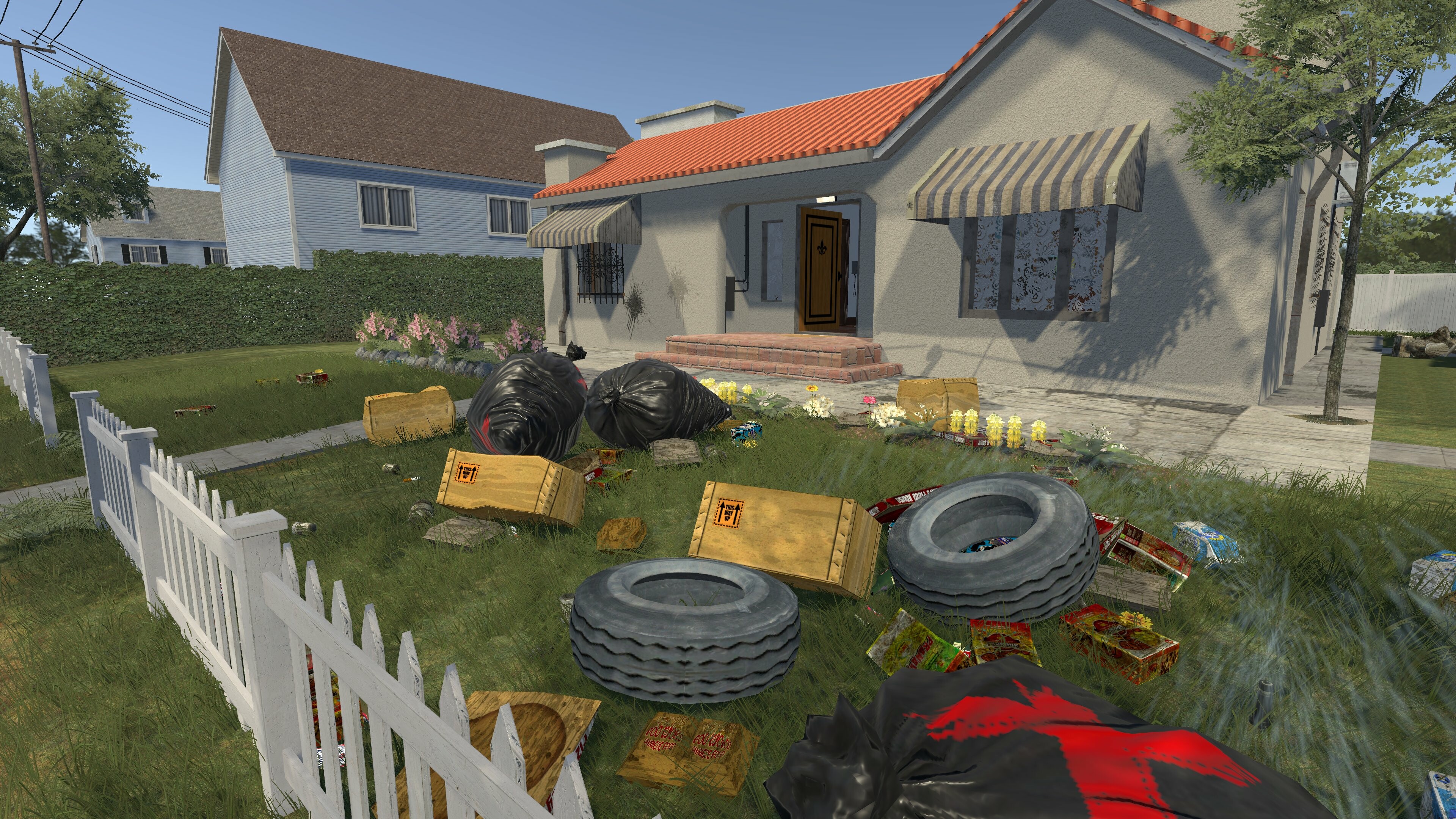 Streamers Cleaning Simulator gameplay showing a messy yard with trash and debris.