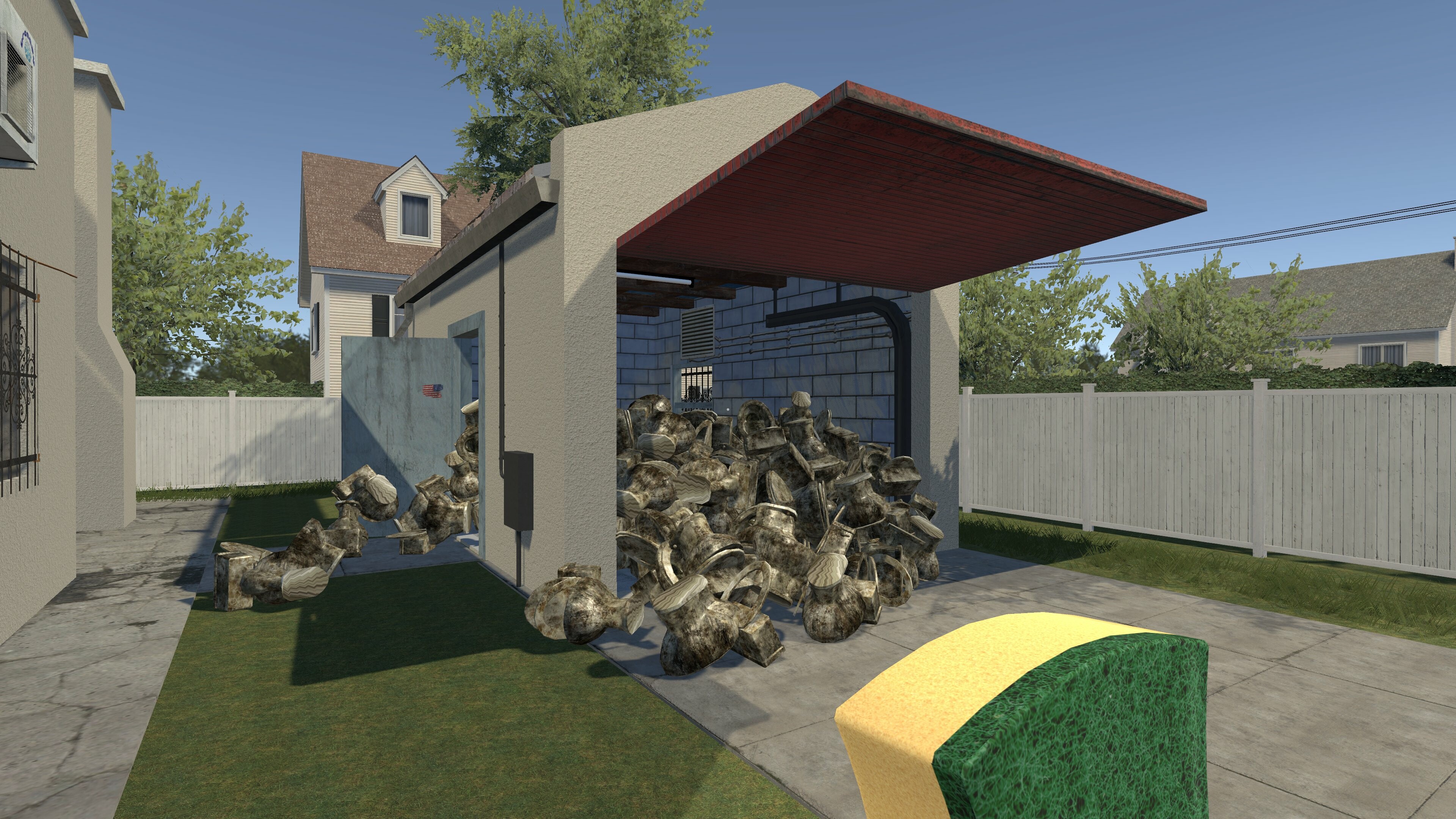 Streamers Cleaning Simulator gameplay showing a cluttered garage filled with debris.