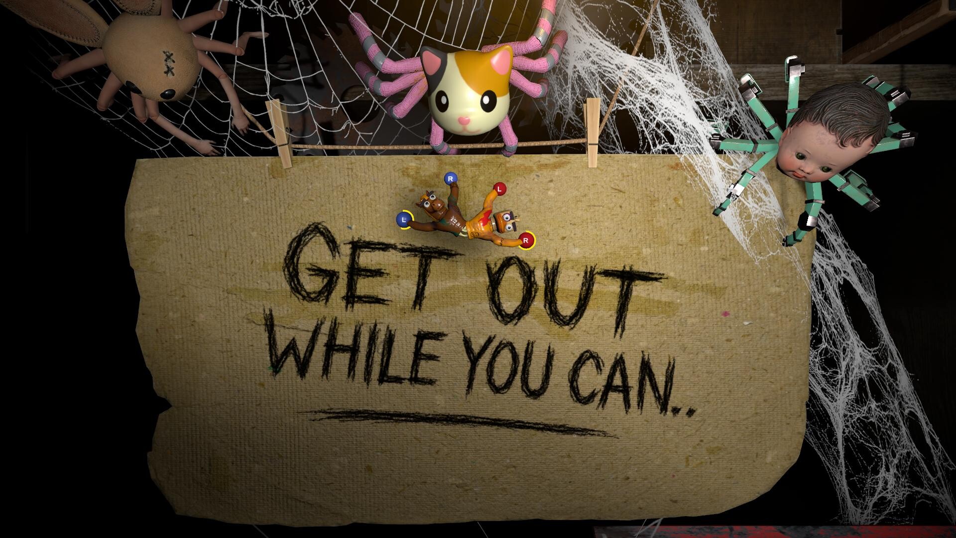 Get Out While You Can sign with childhood toys in a spooky setting