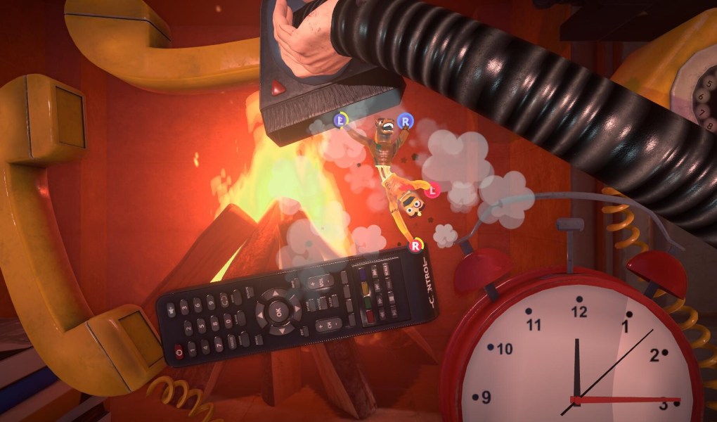 Two toys glued together in a fiery scene from Stuck Together game.