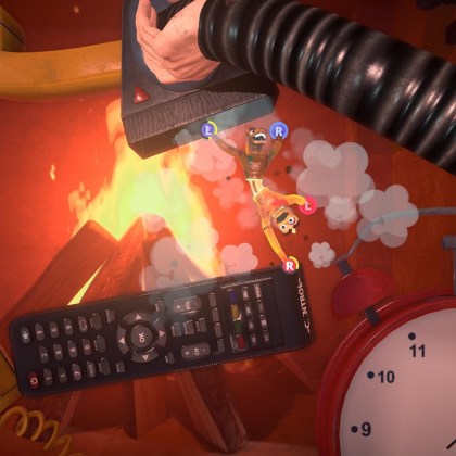 Two toys glued together in a fiery scene from Stuck Together game.