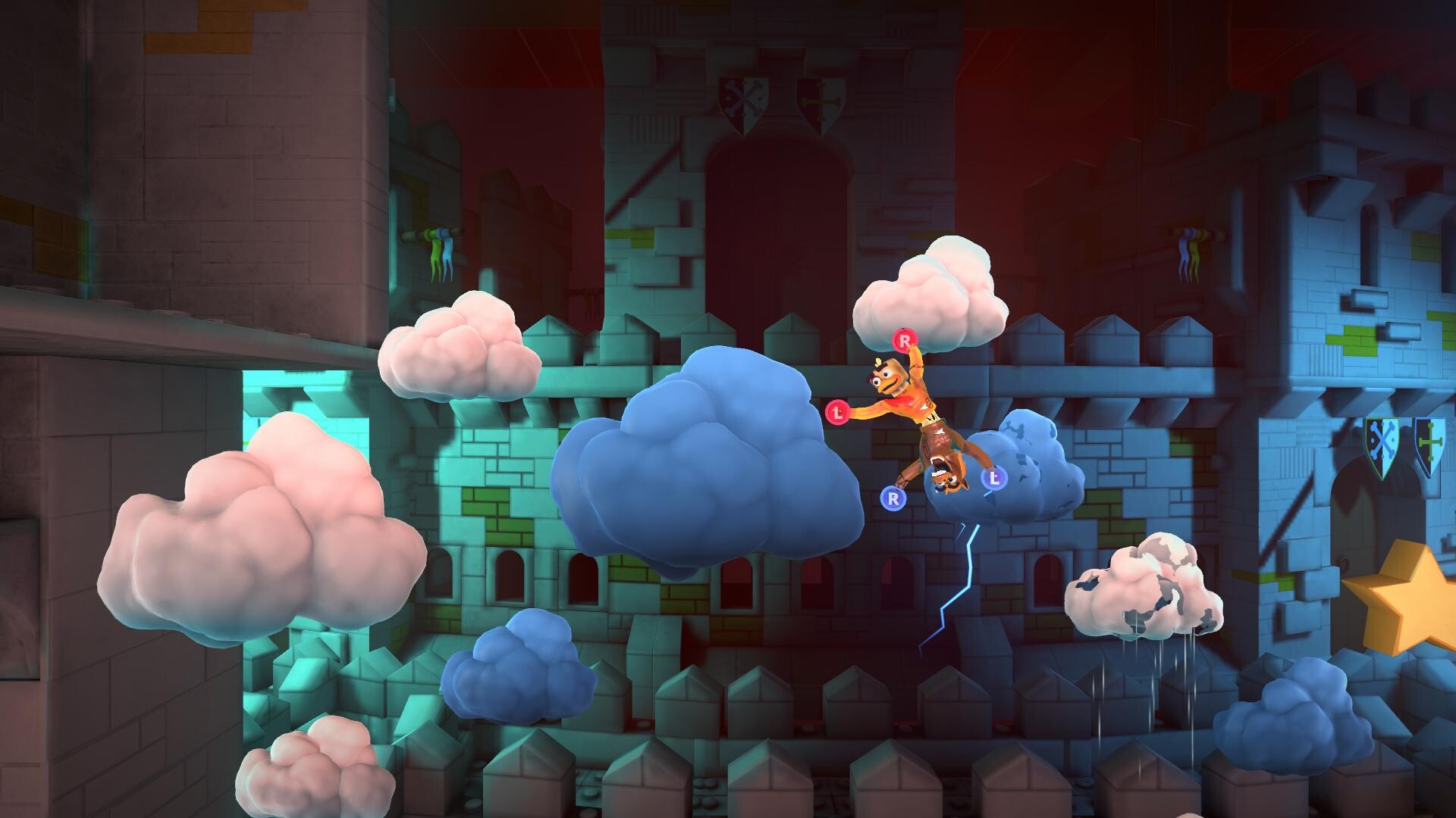 Two toys climbing through colorful clouds in a whimsical castle environment