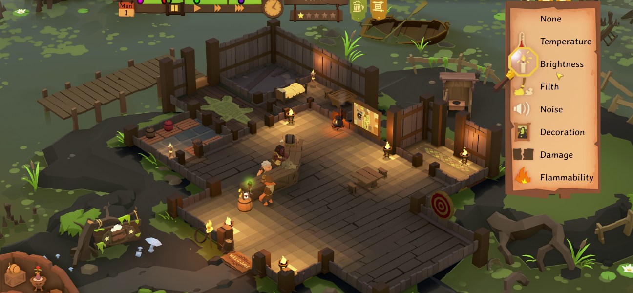 Cozy tavern scene in Tavern Keeper showcasing management elements and customization options.