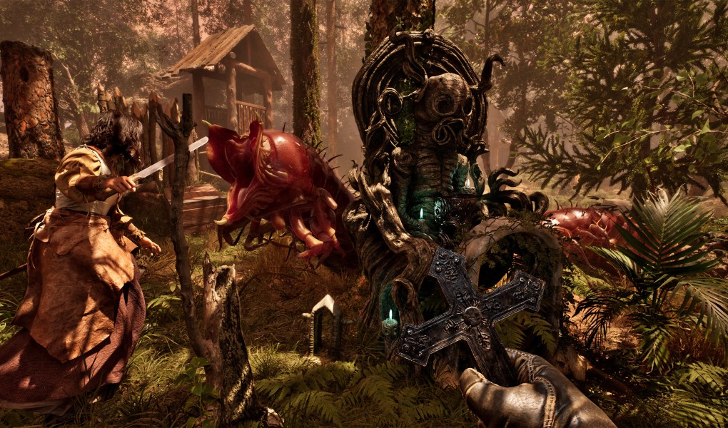 A character battles a Lovecraftian creature in a dense forest setting.