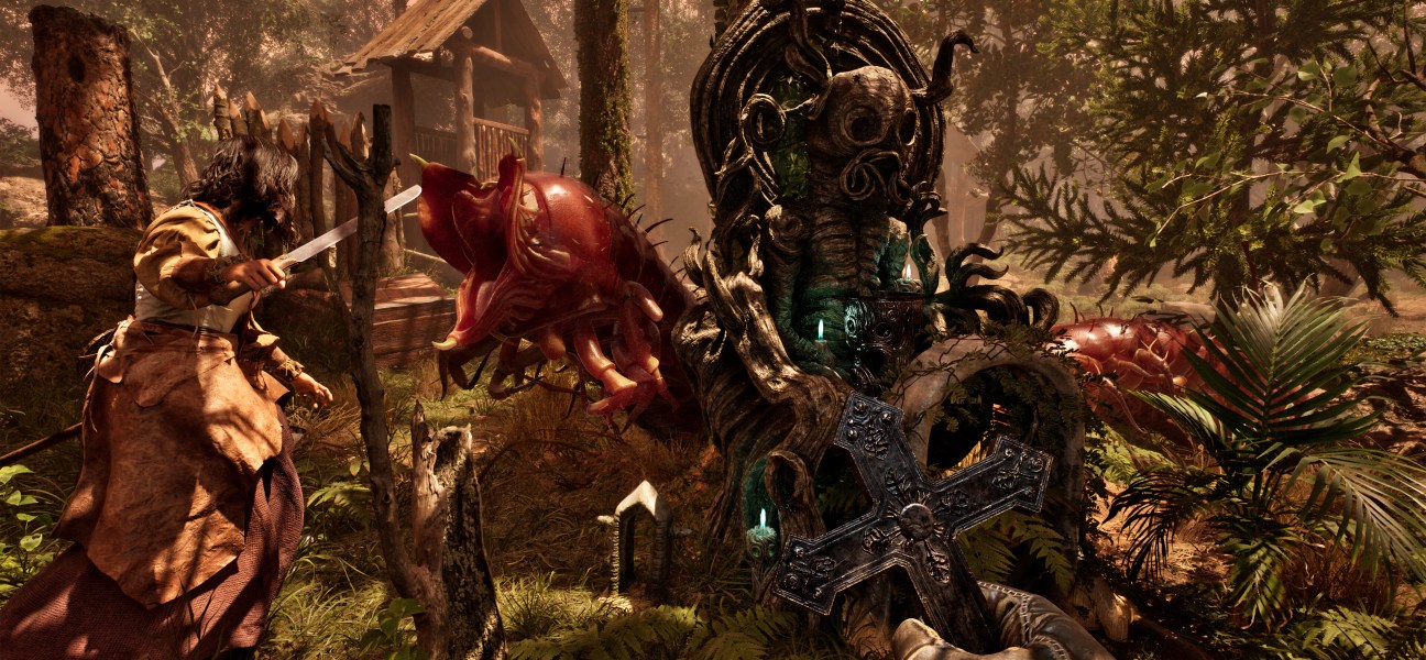 A character battles a Lovecraftian creature in a dense forest setting.