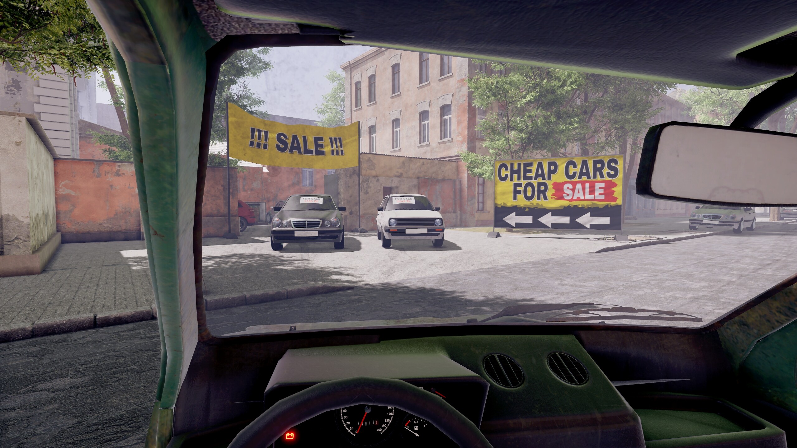 In-game view of a car dealership with sale signs and cheap cars for sale.