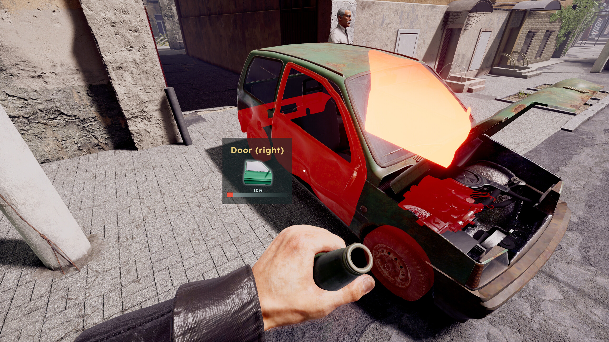 Gameplay scene from Totally Legit Wheeler Dealer featuring a damaged car and repair interface