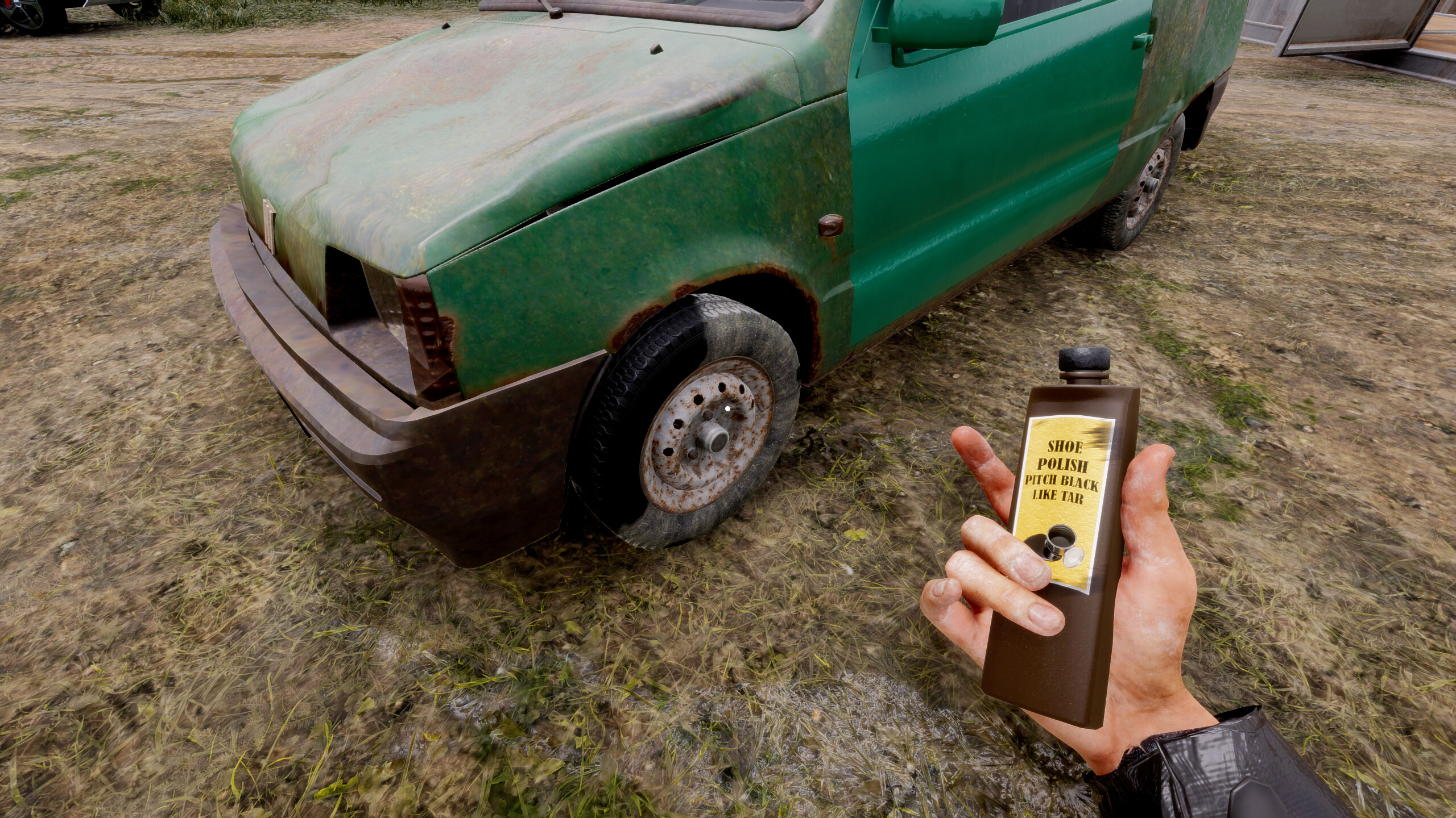 A player holding a canister next to a rusty green car in Totally Legit Wheeler Dealer.