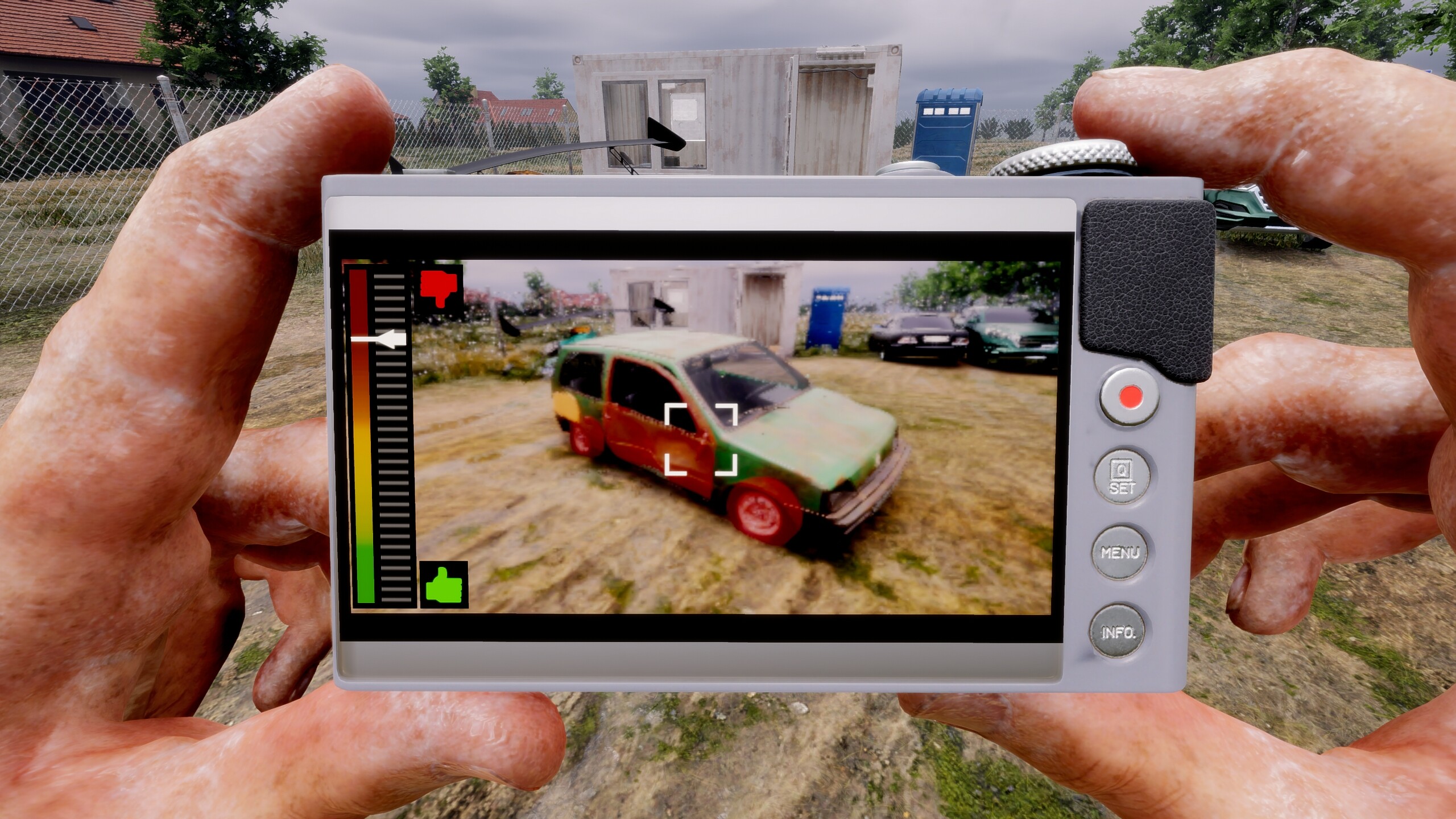 Screenshot of a car dealer simulator featuring a damaged car on a camera display