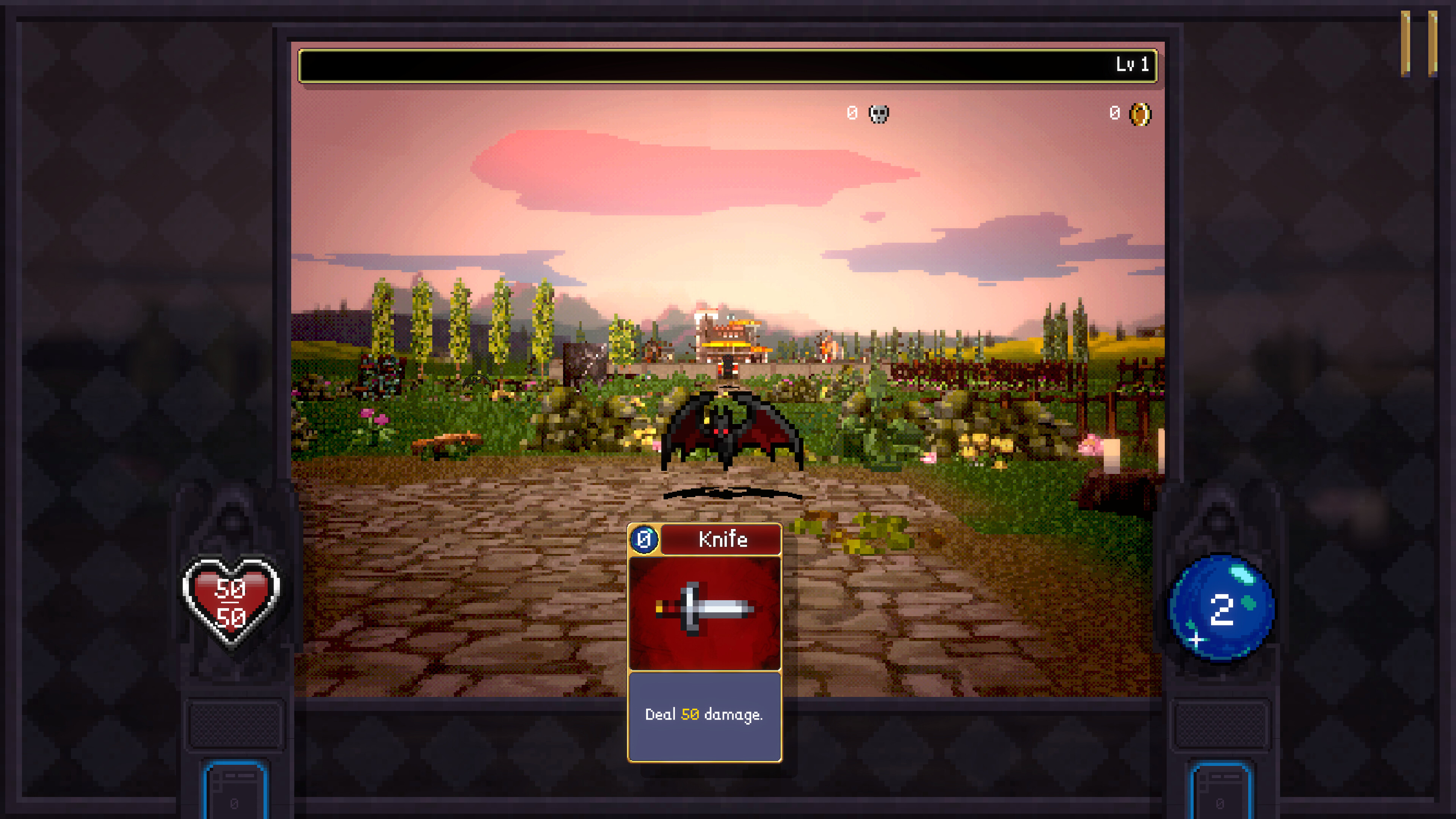 Vampire Crawlers gameplay showcasing a knife card and a bat enemy in a vibrant landscape.
