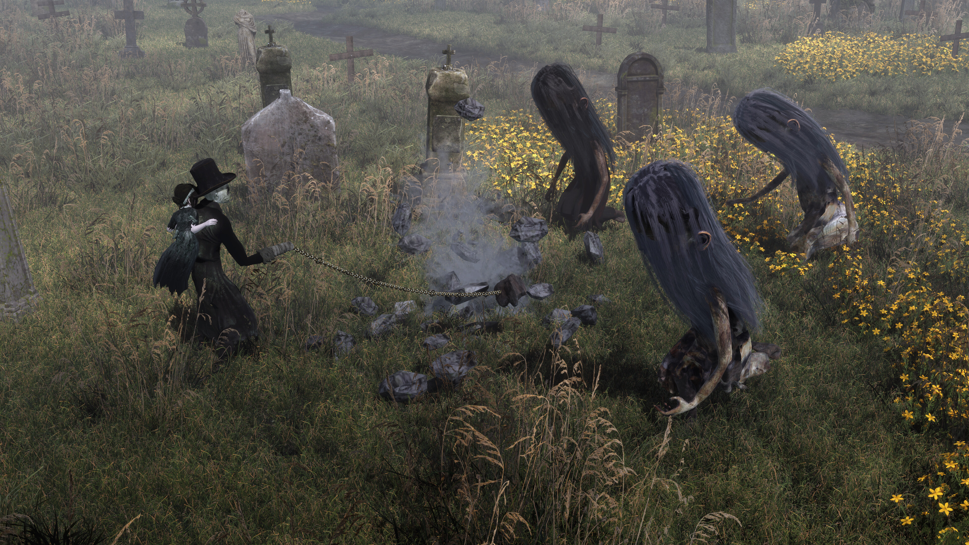 Clover confronts eerie creatures in a haunted graveyard in Withering Realms.