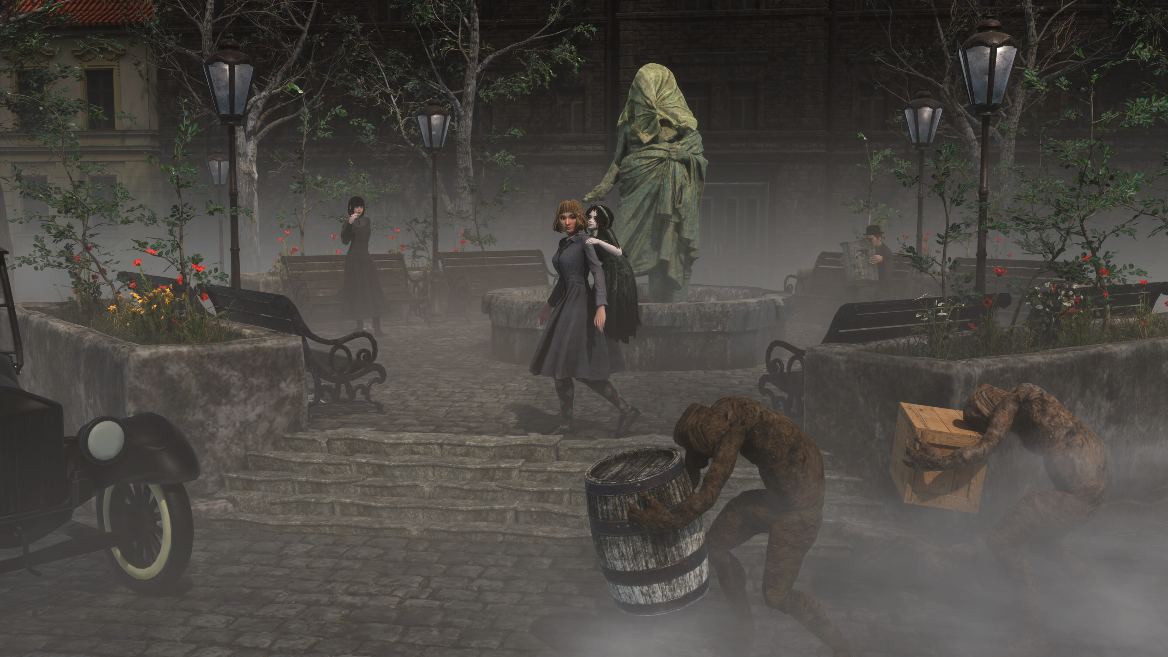 Clover in a foggy town square with eerie figures in a horror RPG scene.