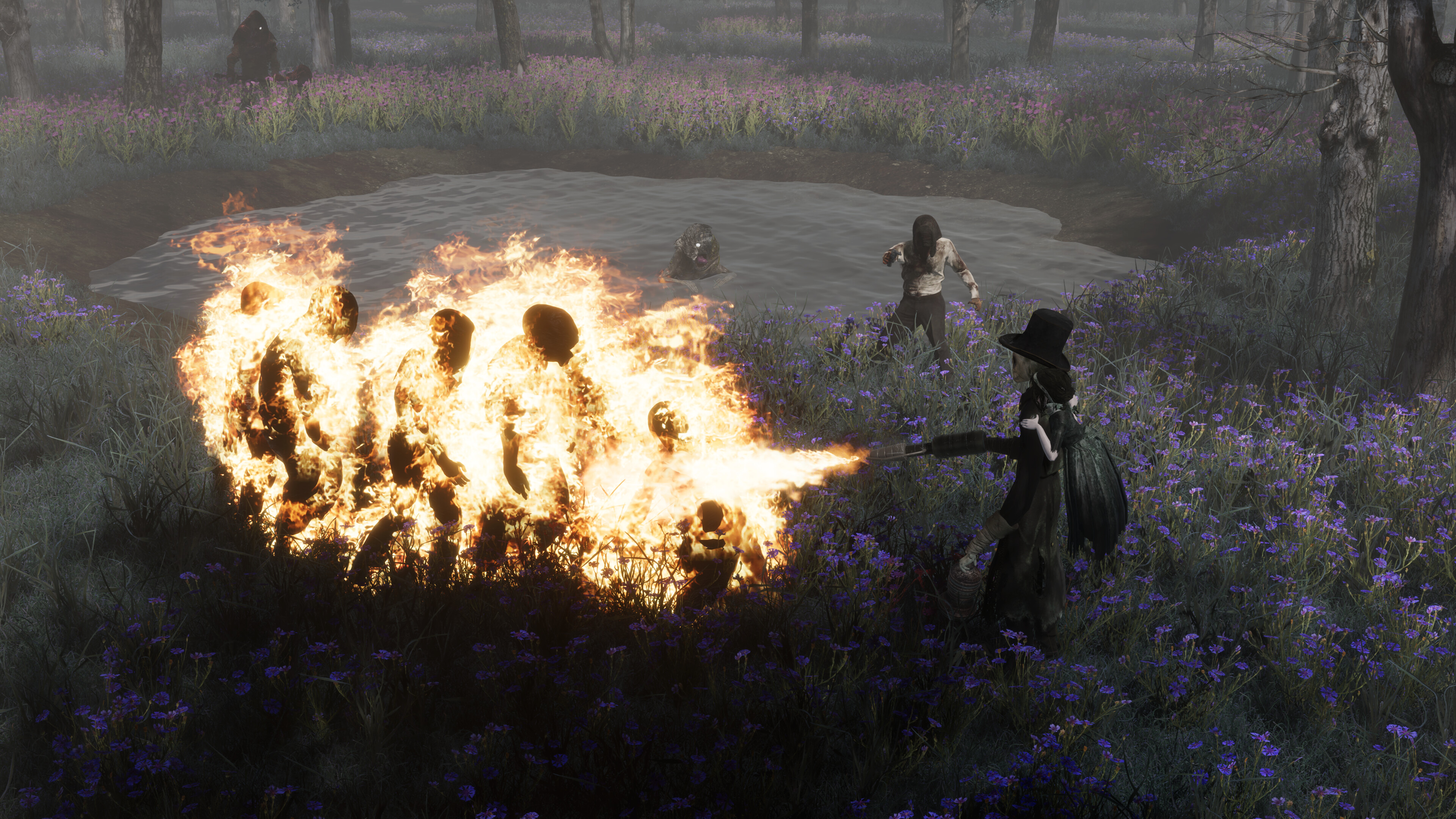 Clover battling fiery enemies in a haunted forest in Withering Realms