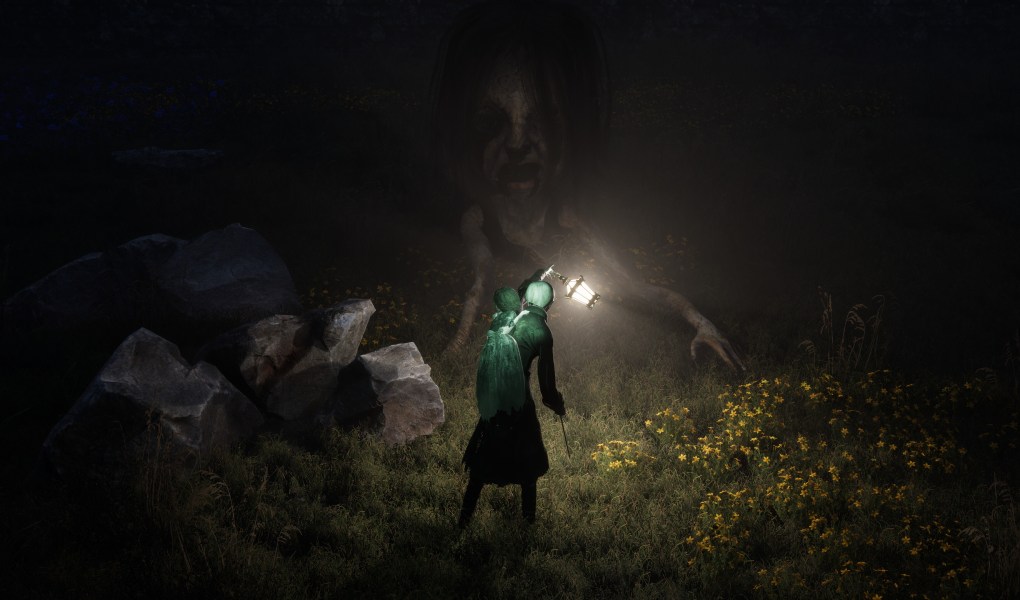 Clover confronts a shadowy figure with a lantern in a dark, eerie landscape.